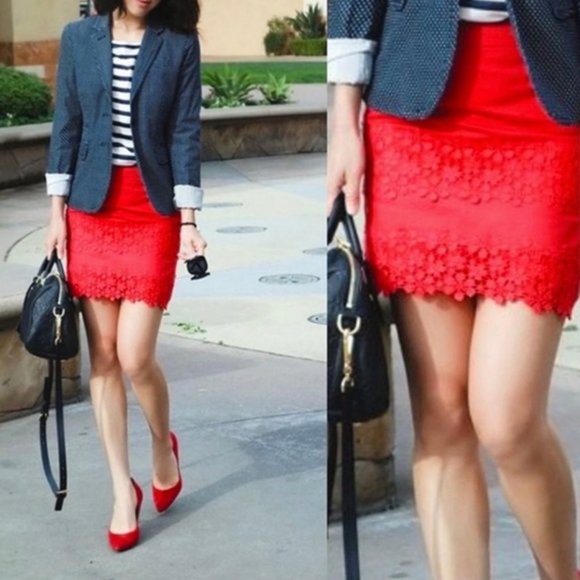 J. Crew Cotton Floral Scalloped Lace Mini Skirt Red Orange Red Style A4134 Sz 0 - Picture 2 of 7
